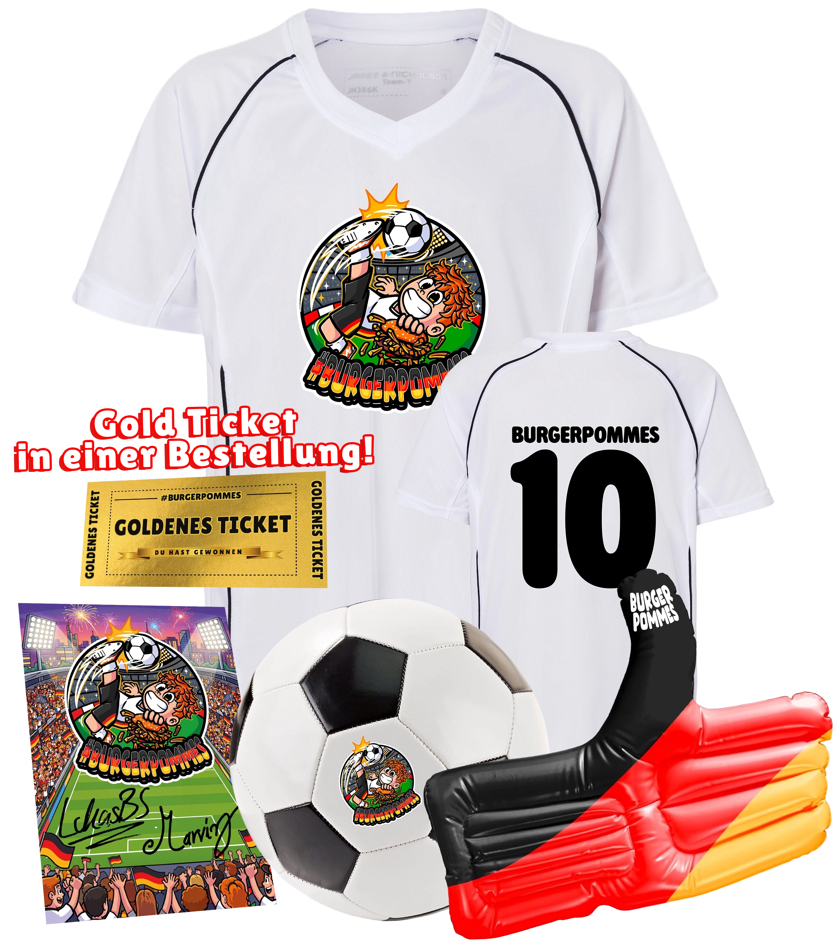 #BURGERPOMMES WM Bundle - Trikot + Fußball + Winkehand + Autogrammkarte