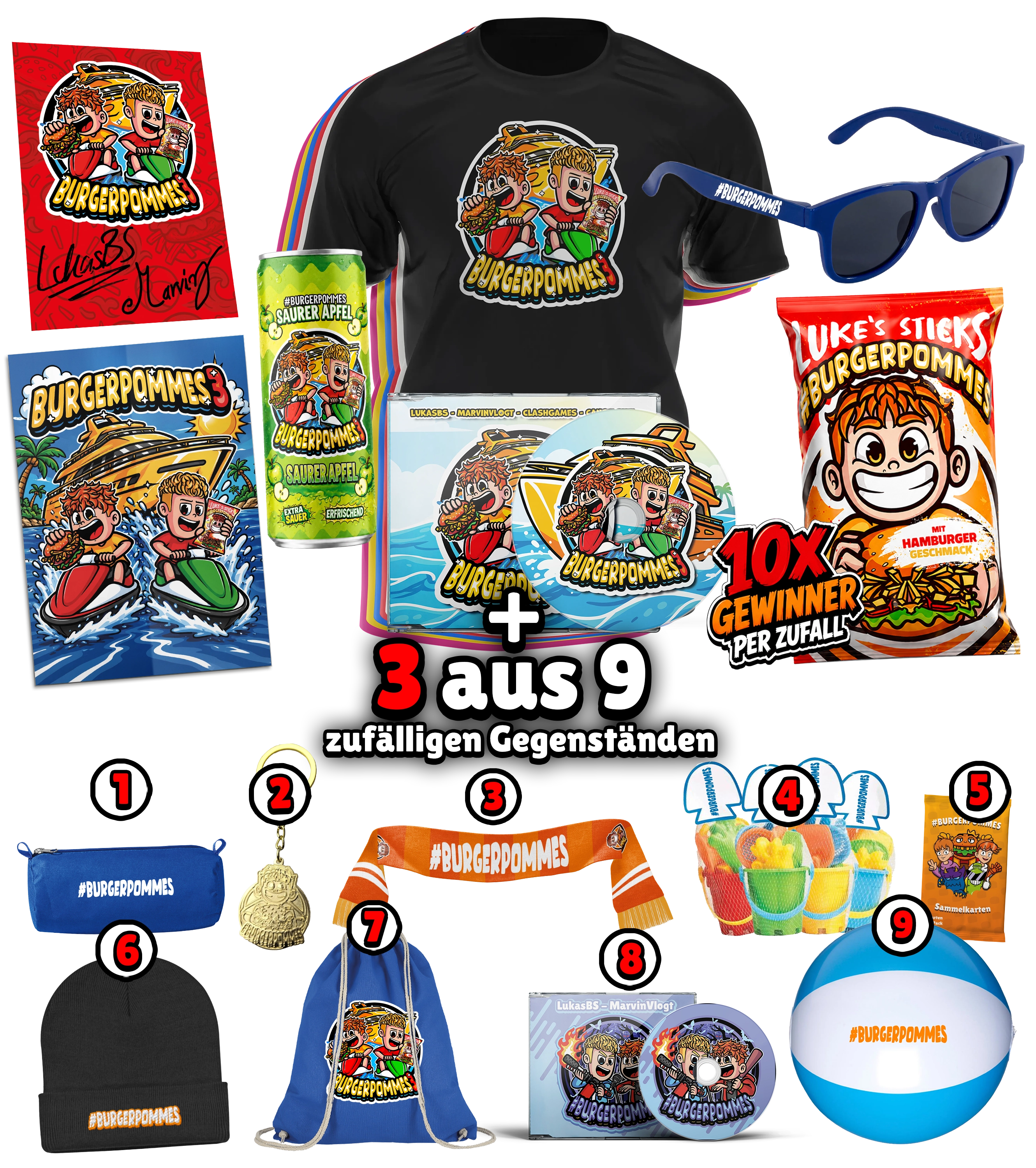 #BURGERPOMMES 3 Bundle - T-Shirt + Sonnenbrille + Drink + Poster + CD + Autogrammkarte + 3 von 9 zufälligen Gegenständen