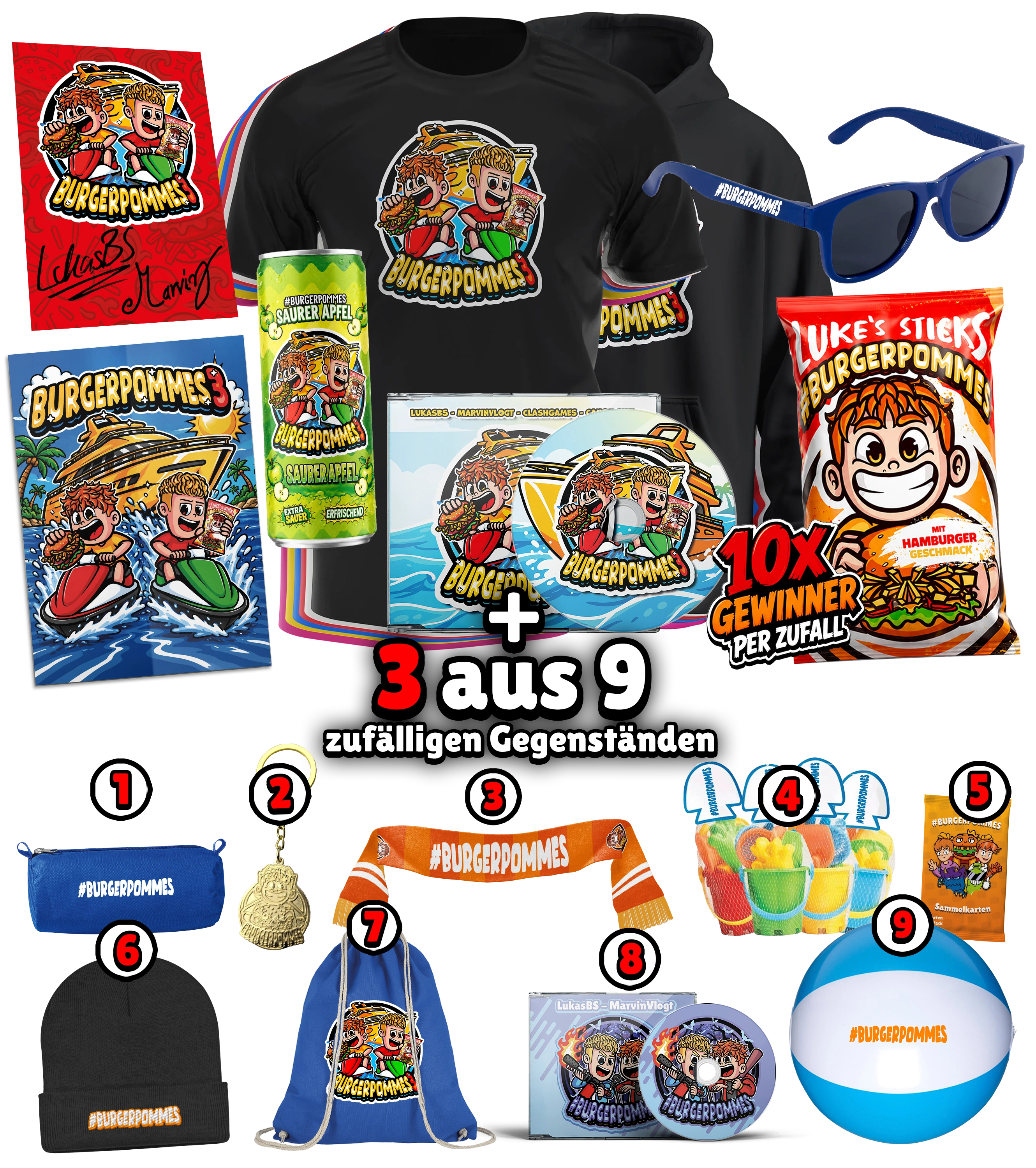 #BURGERPOMMES 3 XL Bundle - Hoodie & T-Shirt + Sonnenbrille + Drink + Poster + CD + Autogrammkarte + 3 von 9 zufälligen Gegenständen
