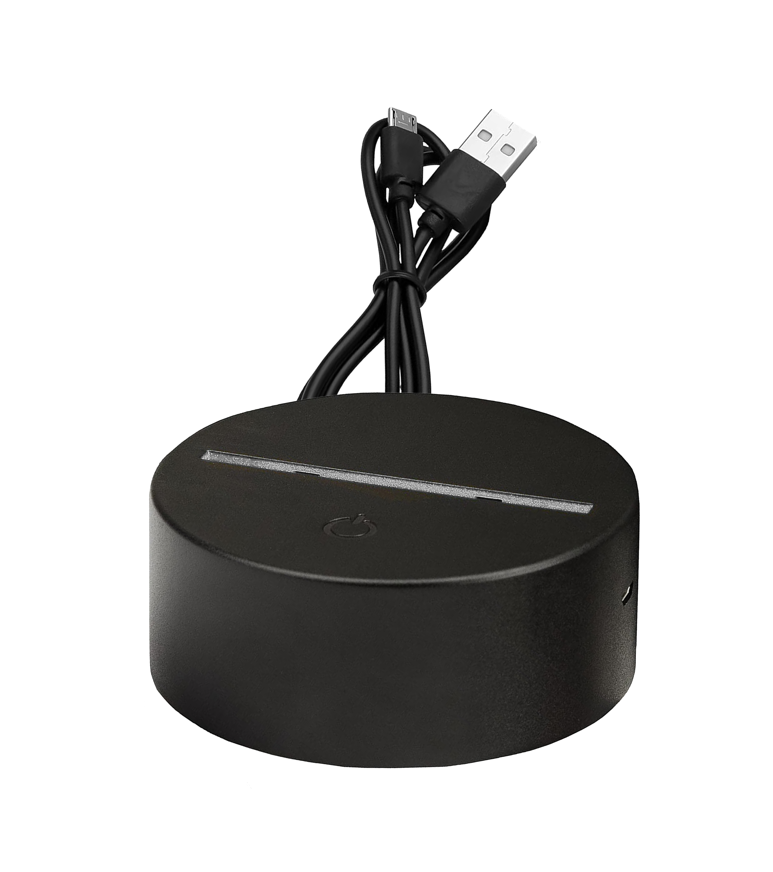 Schwarze Basis der BURGERPOMMES LED-Lampe mit USB-Kabel und Touch-Sensor – geeignet für 3D-Acrylplatten mit Farbwechsel-Funktion.