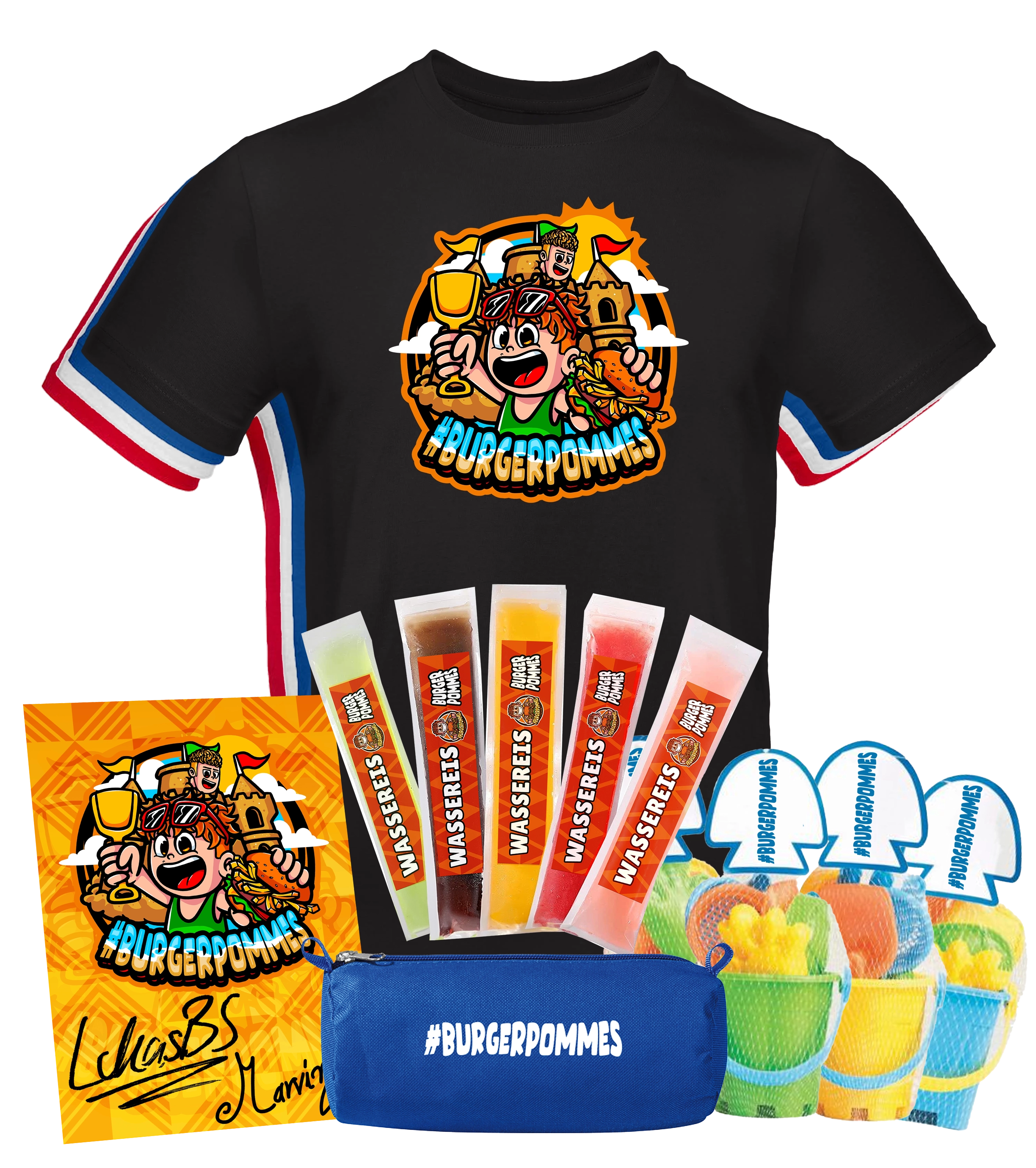#BURGERPOMMES - Strand Bundle - T-Shirt + Federmäppchen + Strand Set + Wassereis + Autogrammkarte