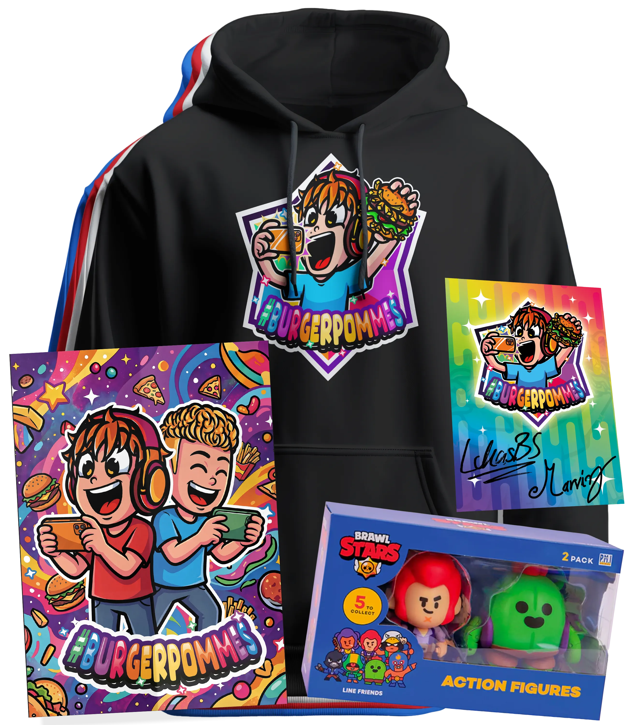#BURGERPOMMES Chaos Bundle - Hoodie + Brawl Stars 2er Actionfiguren + Poster + Autogrammkarte