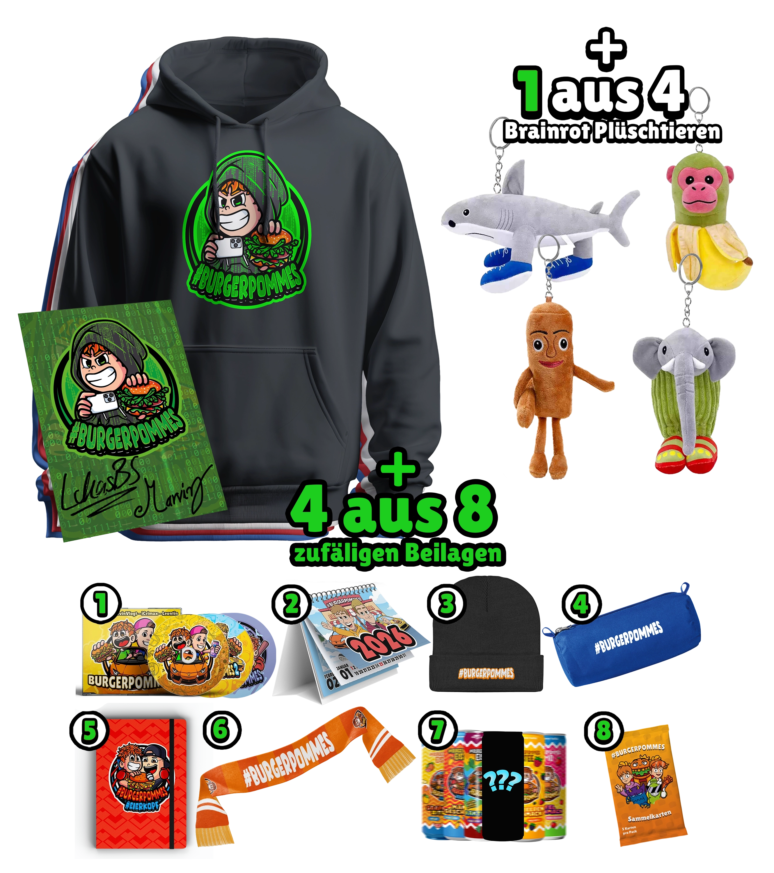 #BURGERPOMMES Hacker Mystery Bundle - Hoodie + Autogrammkarte + Mystery Brainrot Plushi + 4 Mystery Beilagen