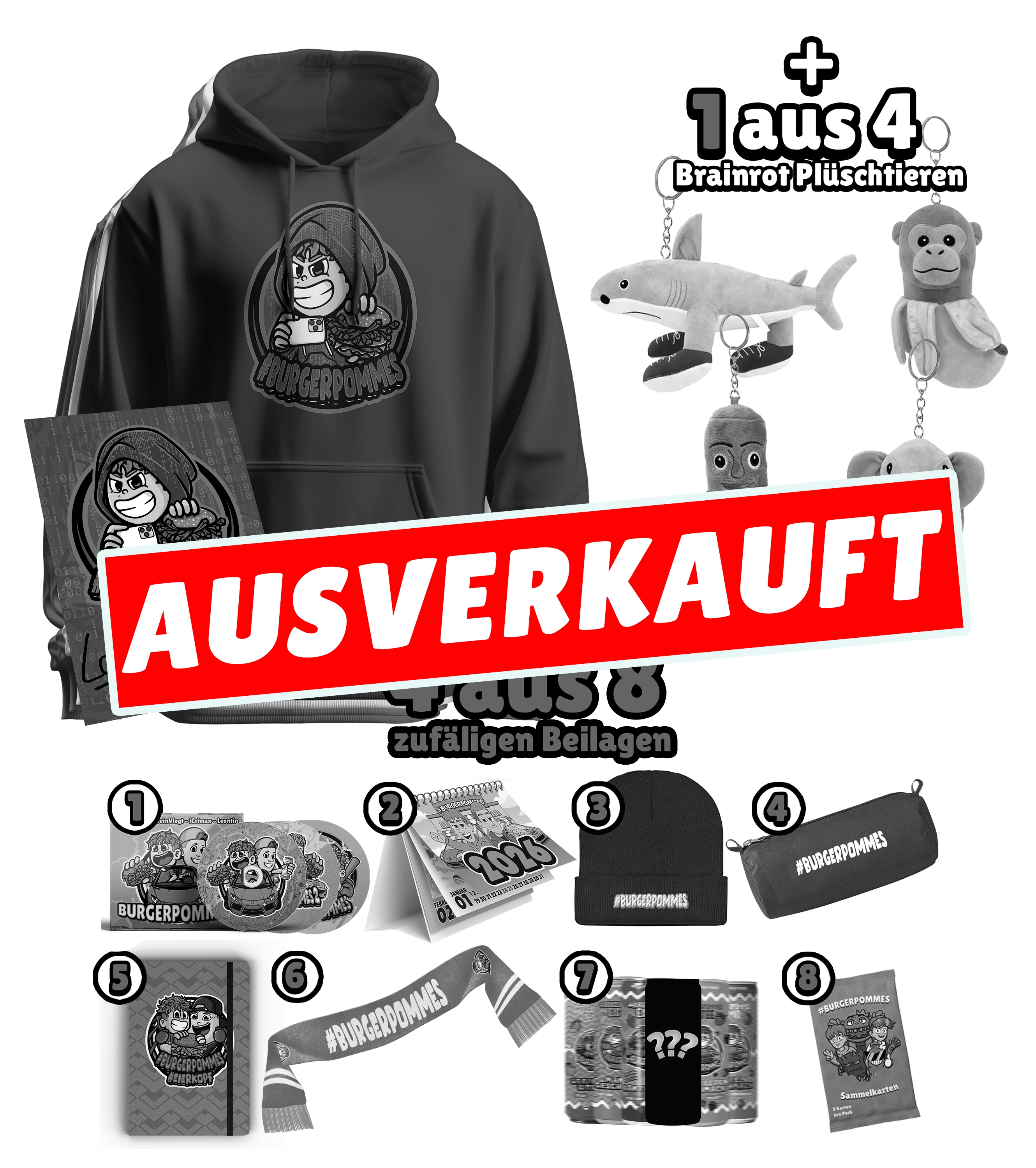 #BURGERPOMMES Hacker Mystery Bundle - Hoodie + Autogrammkarte + Mystery Brainrot Plushi + 4 Mystery Beilagen