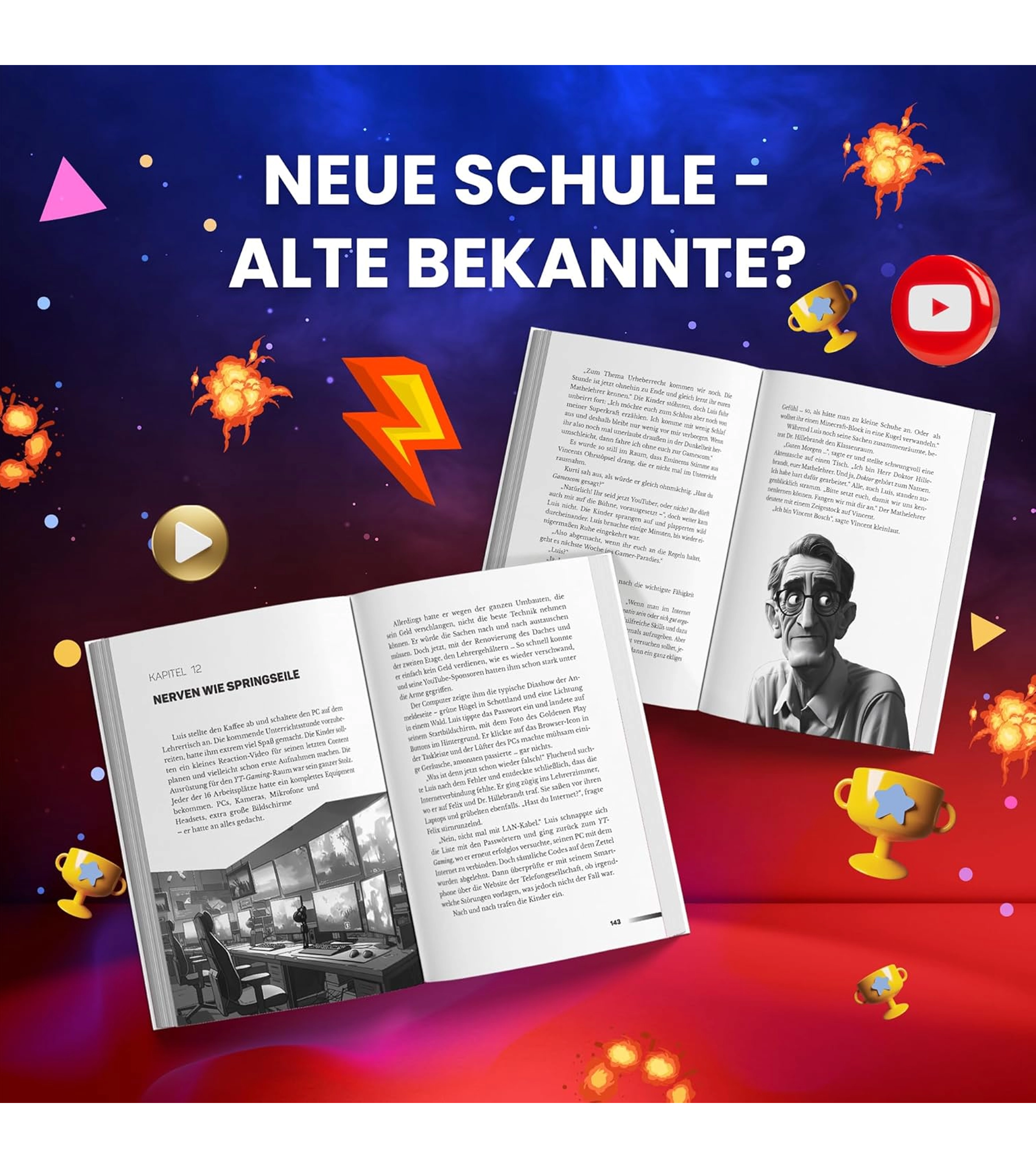 Doppelseite aus dem Buch "Die Youtuber Schule" mit Kapitel 12 „Nerven wie Springsseile“, Comic-Illustration eines Gaming-Zimmers und einer schwarz-weißen Porträtzeichnung.