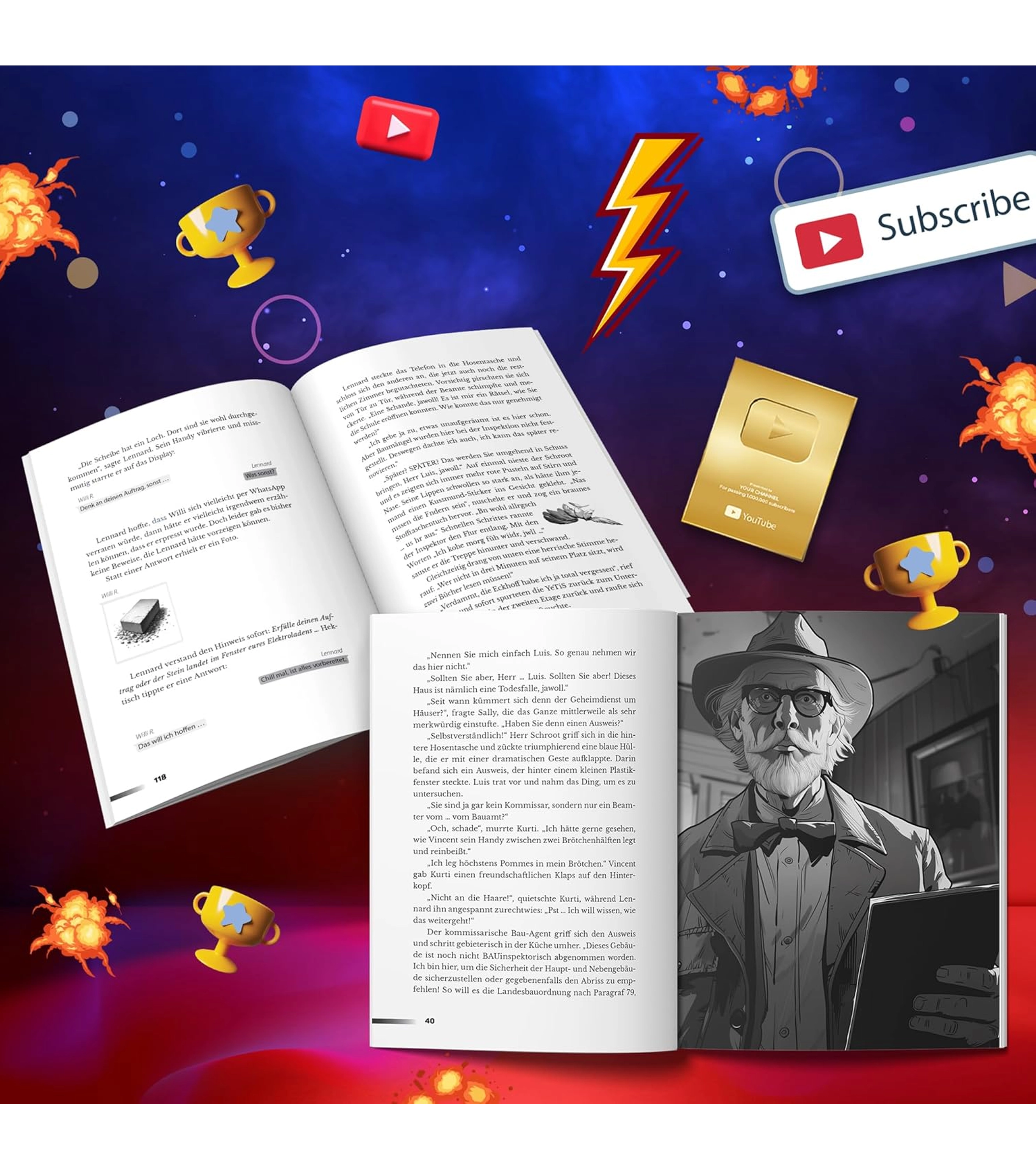 Blick auf mehrere aufgeschlagene Buchseiten aus „Die Youtuber Schule“ mit einer schwarz-weißen Illustration eines älteren Professors mit Hut und Tablet sowie typischen YouTube-Icons im Hintergrund.