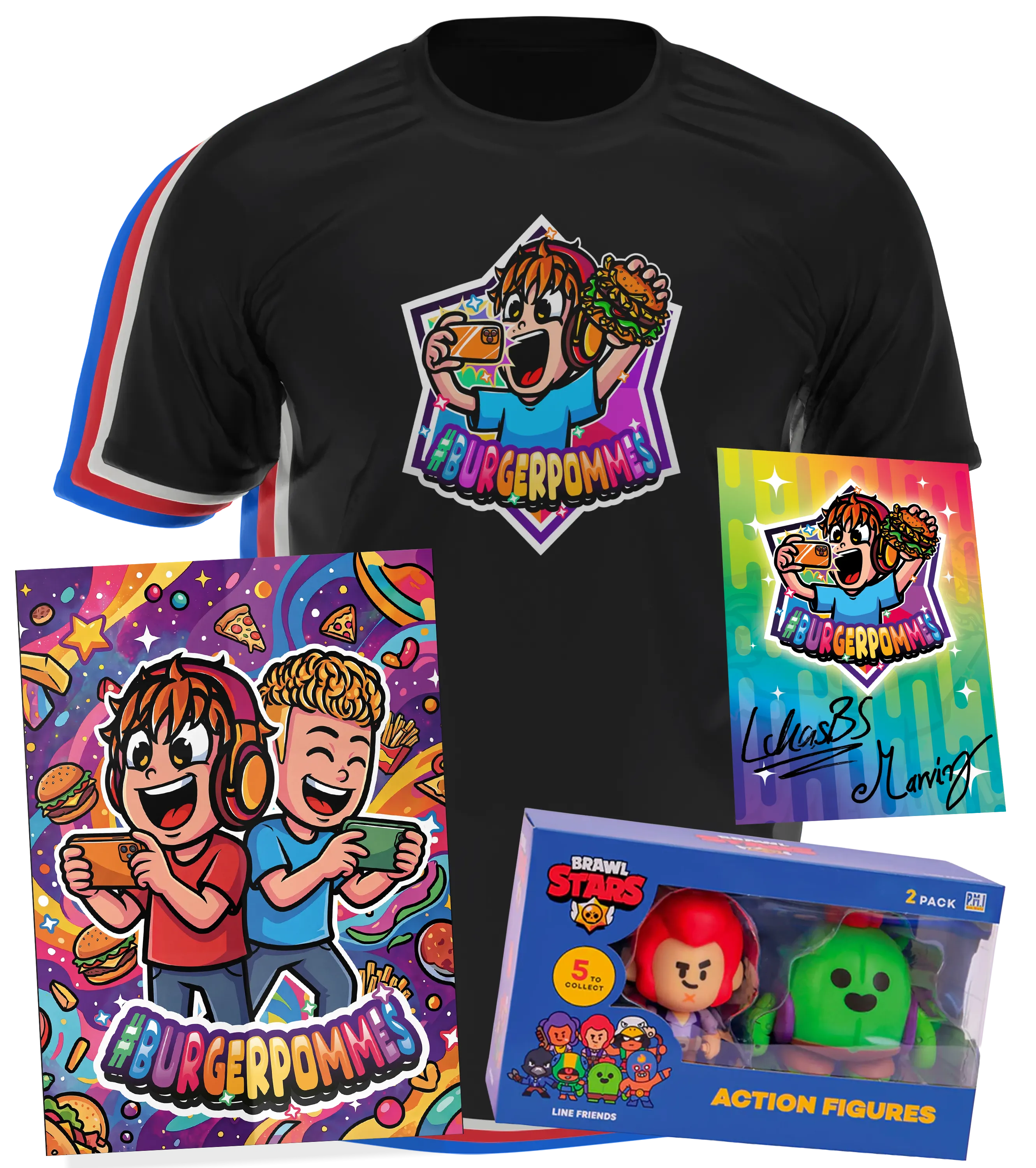 #BURGERPOMMES Chaos Bundle - T-Shirt + Brawl Stars 2er Actionfiguren + Poster + Autogrammkarte