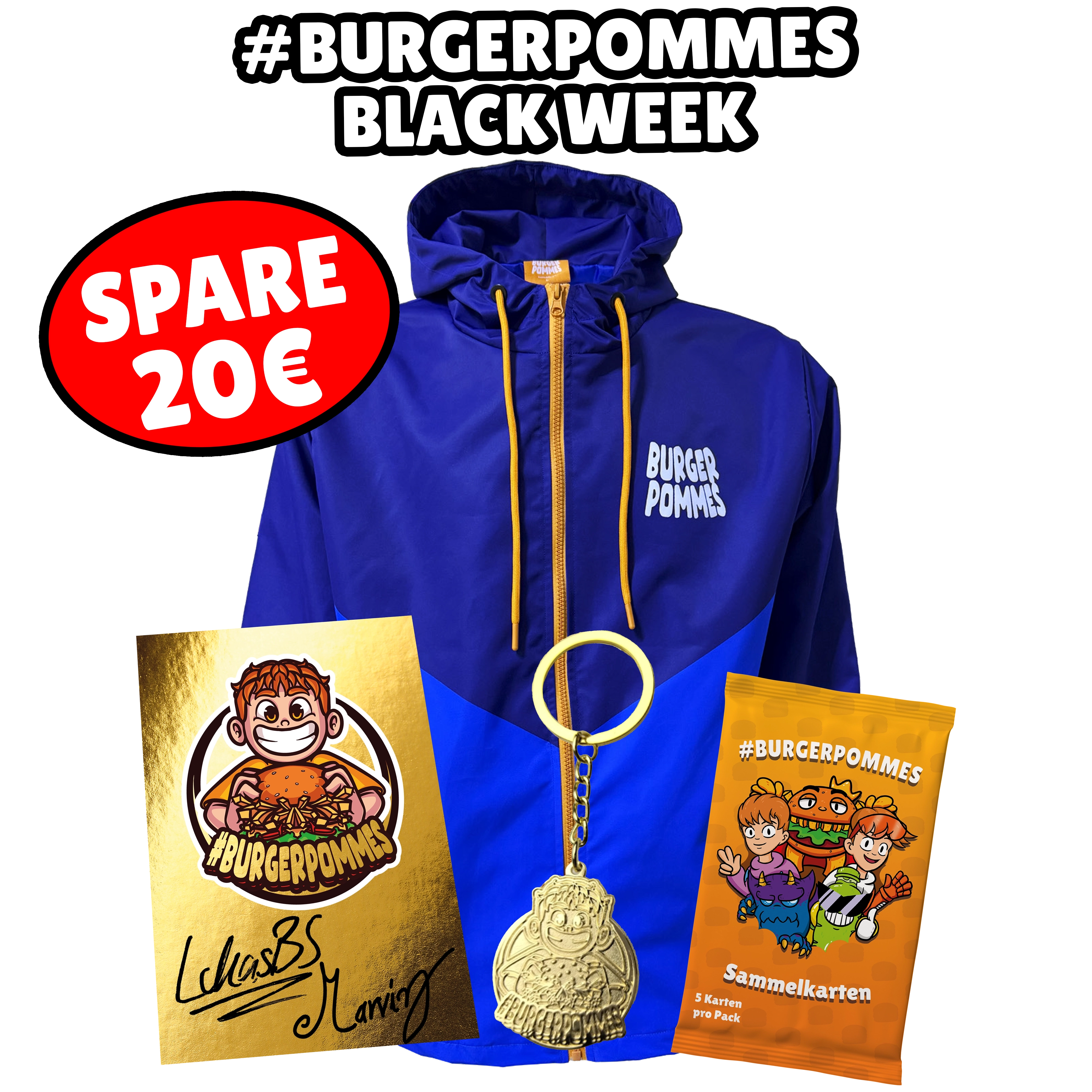 BLACK WEEK #BURGERPOMMES Windbreaker Bundle - Gold Schlüsselanhänger + Booster Pack + goldene Autogrammkarte