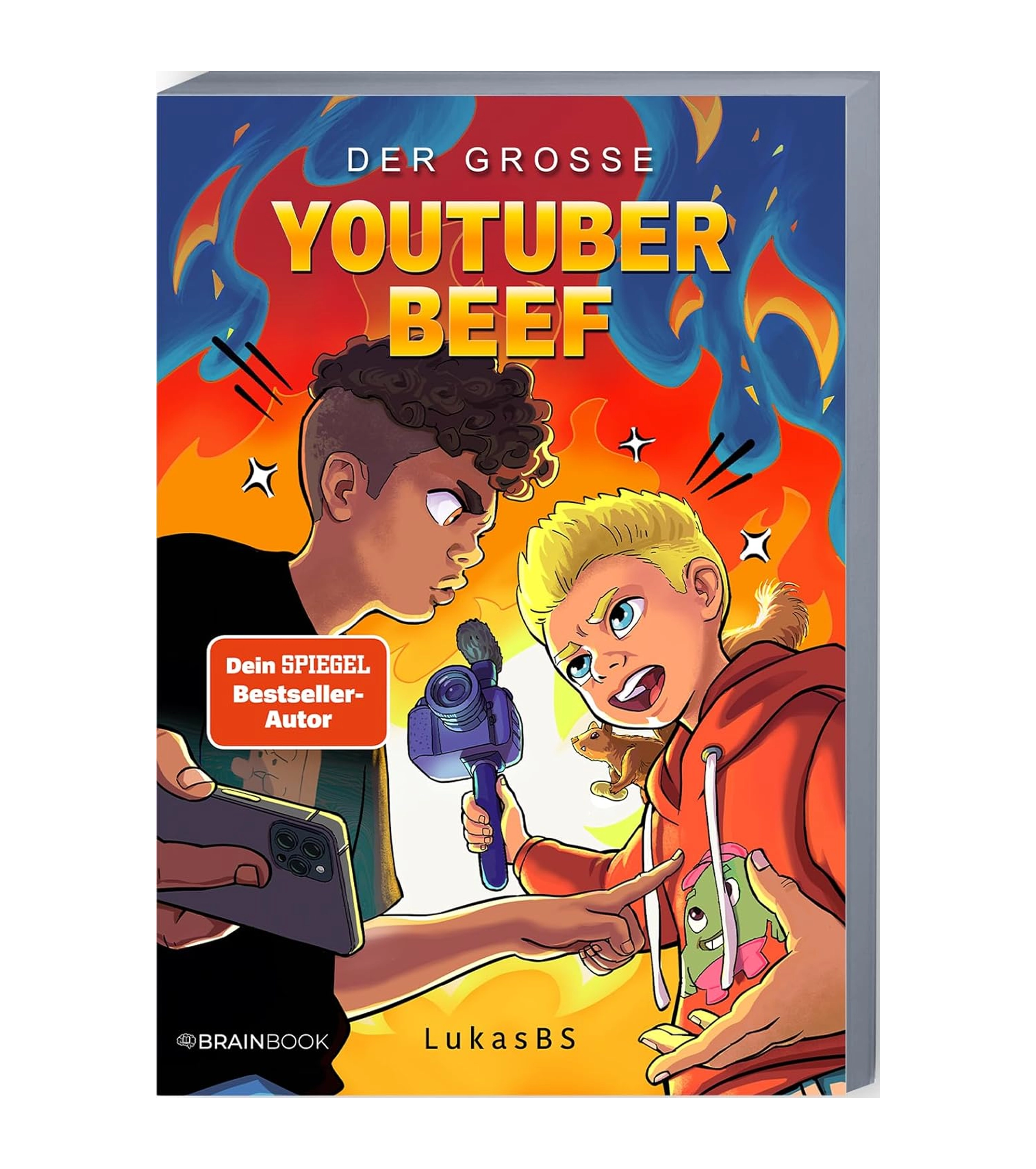 Cover des dritten Comic-Romans von Lukas BS mit dem Titel „Der große YouTuber Beef“, auf dem zwei Jugendliche im Streit mit Kamera und Smartphone zu sehen sind.