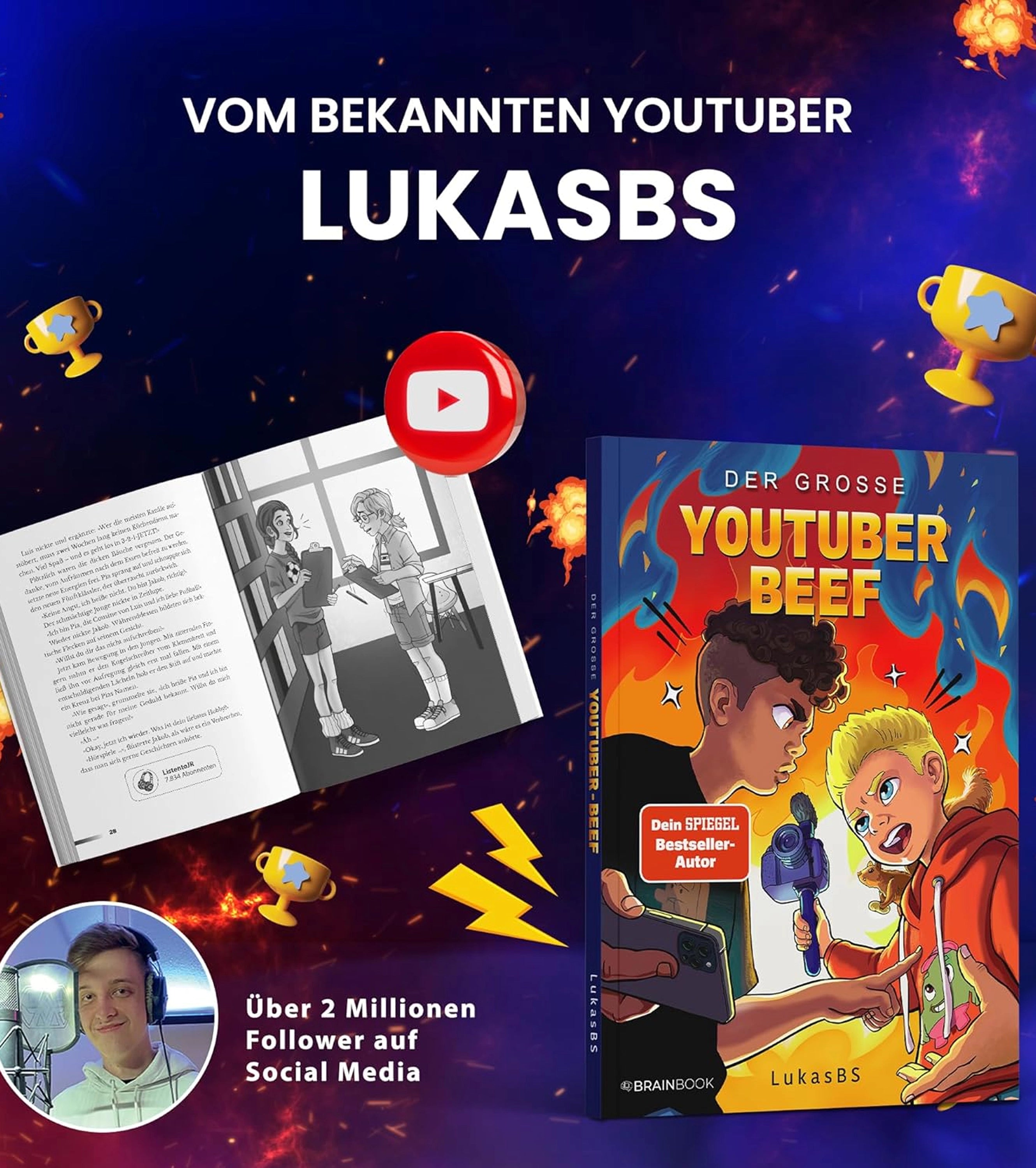 Produktbild zum dritten Comic-Roman „Der große YouTuber Beef“ von Lukas BS mit Buchcover, Innenseite und Hinweis auf über zwei Millionen Follower auf Social Media.