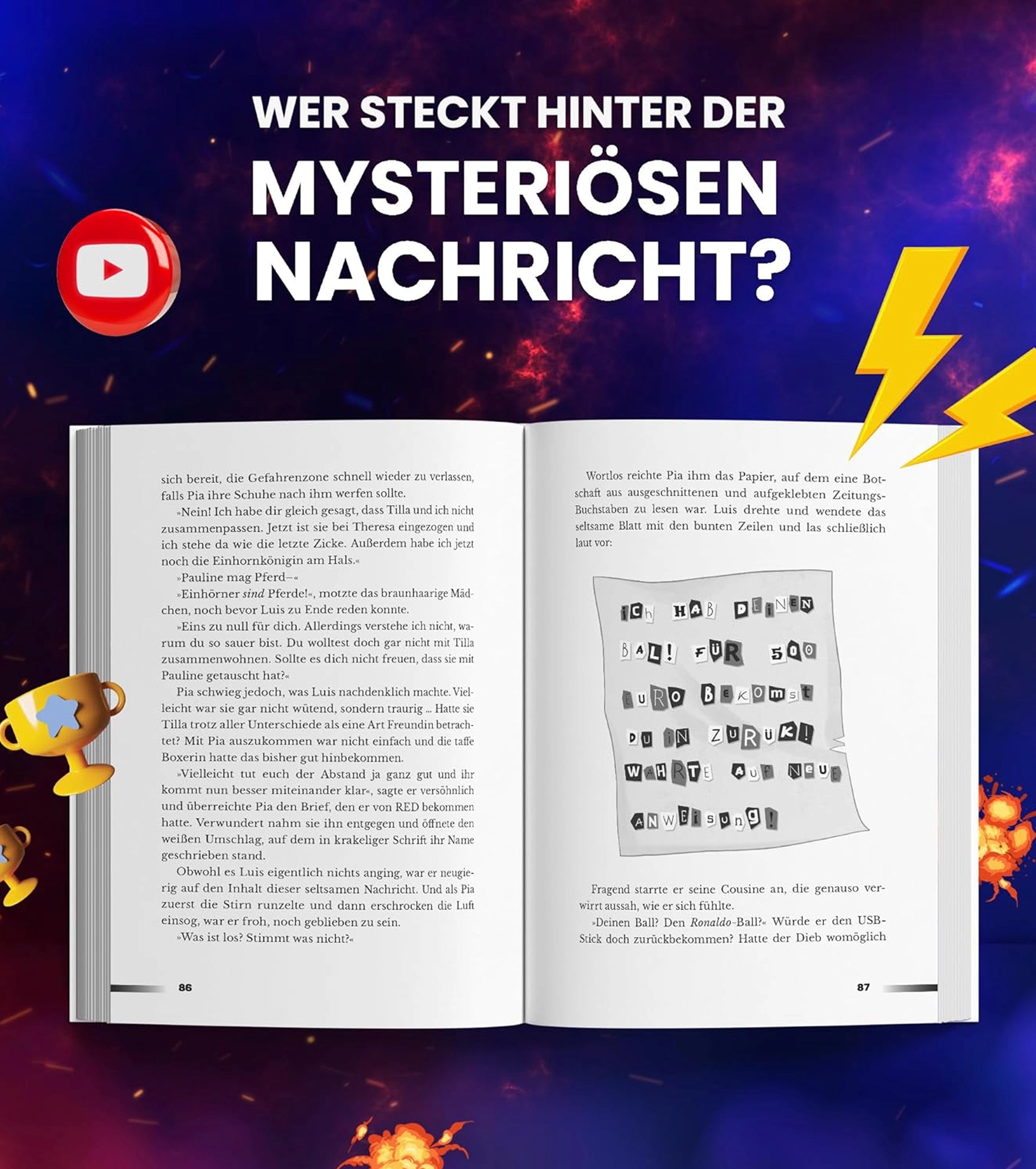 Doppelseite aus dem dritten Comic-Roman von Lukas BS mit einer mysteriösen Botschaft in ausgeschnittenen Buchstaben und einer spannungsgeladenen Unterhaltung zwischen den Charakteren.