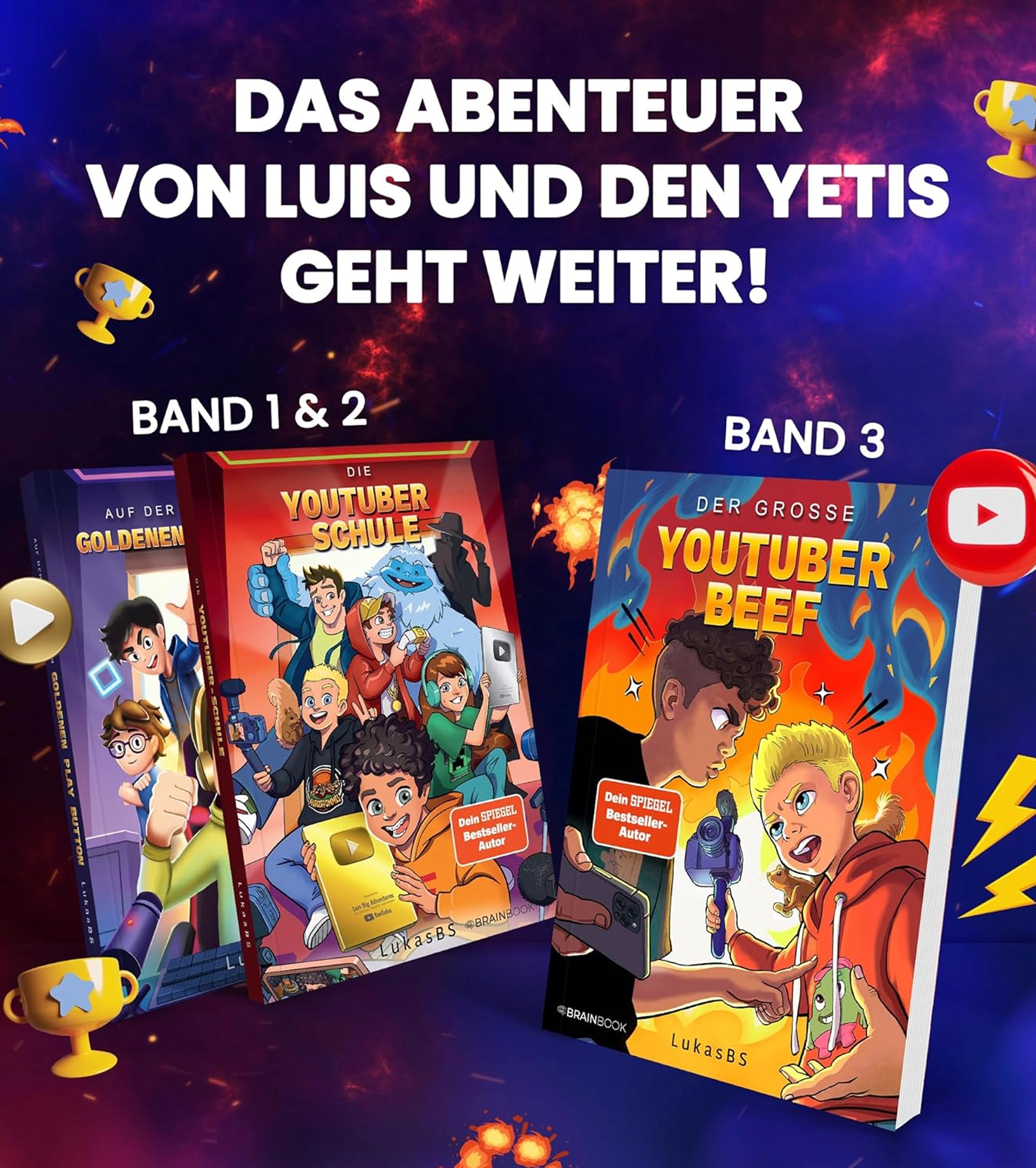 Übersicht der drei Comic-Romane von Lukas BS: „Auf der goldenen Spur“, „Die YouTuber-Schule“ und „Der große YouTuber-Beef“ – das Abenteuer von Luis und den Yetis geht spannend weiter.