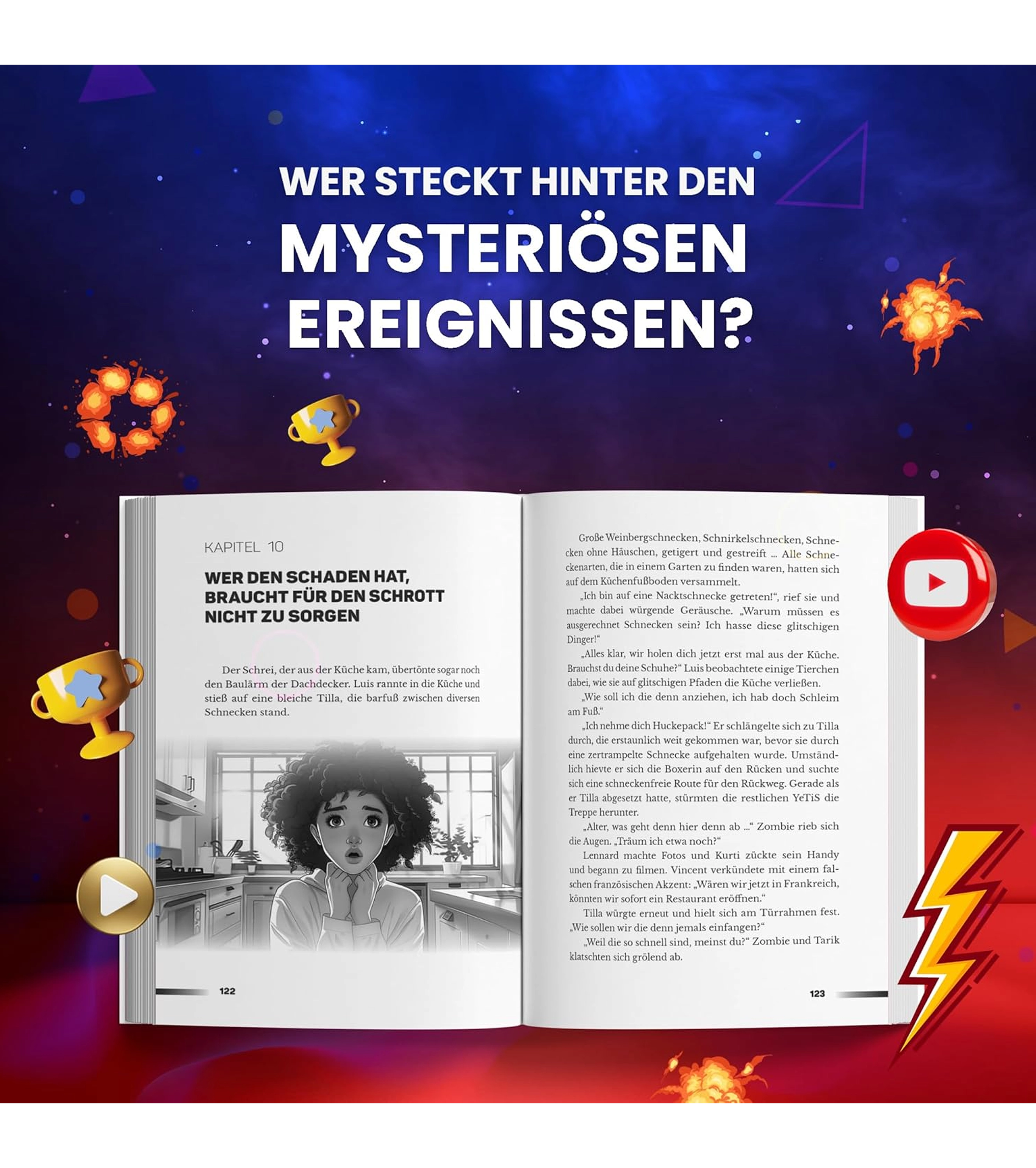 Innenseiten aus Band 3 der Youtuber-Schule von LukasBS mit Kapitel 10 „Wer den Schaden hat, braucht für den Schrott nicht zu sorgen“ – spannende Szene mit mysteriösen Ereignissen.