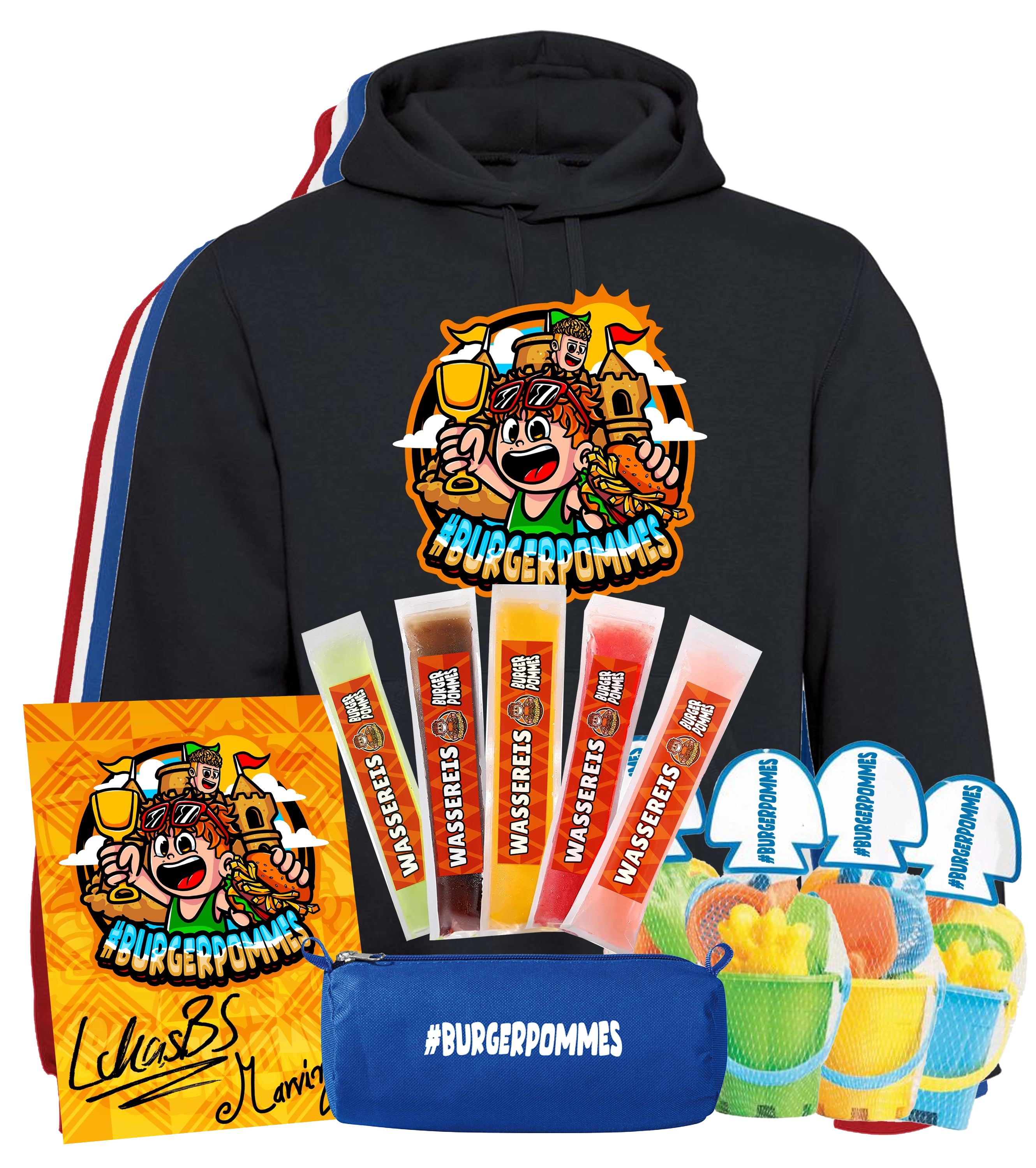#BURGERPOMMES - Strand Bundle - Hoodie + Federmäppchen + Strand Set + Wassereis + Autogrammkarte