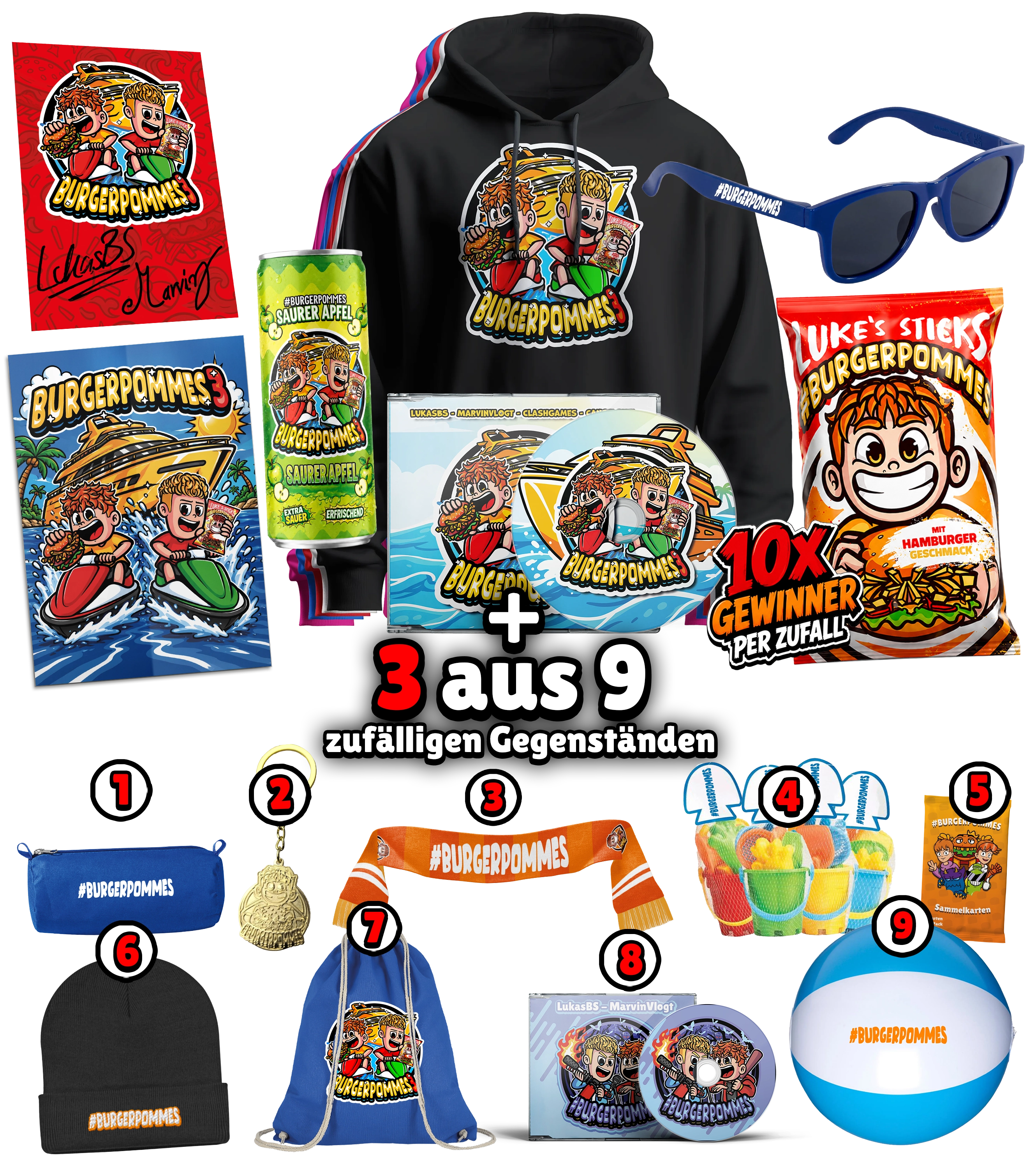 #BURGERPOMMES 3 Bundle - Hoodie + Sonnenbrille + Drink + Poster + CD + Autogrammkarte + 3 von 9 zufälligen Gegenständen