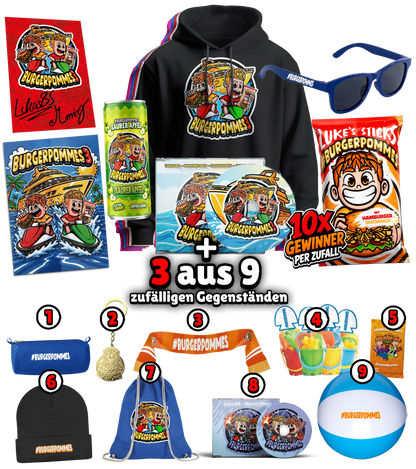 #BURGERPOMMES 3 Bundle - Hoodie + Sonnenbrille + Drink + Poster + CD + Autogrammkarte + 3 von 9 zufälligen Gegenständen