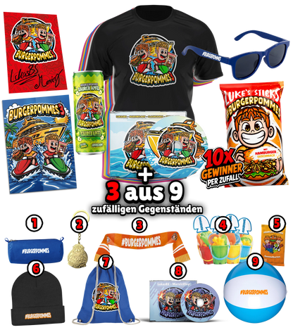 #BURGERPOMMES 3 Bundle - T-Shirt + Sonnenbrille + Drink + Poster + CD + Autogrammkarte + 3 von 9 zufälligen Gegenständen
