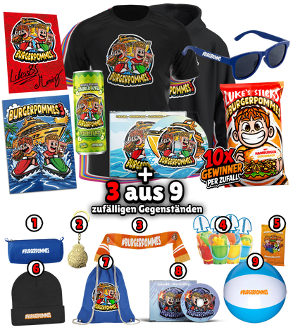 #BURGERPOMMES 3 XL Bundle - Hoodie & T-Shirt + Sonnenbrille + Drink + Poster + CD + Autogrammkarte + 3 von 9 zufälligen Gegenständen