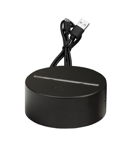 Schwarze Basis der BURGERPOMMES LED-Lampe mit USB-Kabel und Touch-Sensor – geeignet für 3D-Acrylplatten mit Farbwechsel-Funktion.

