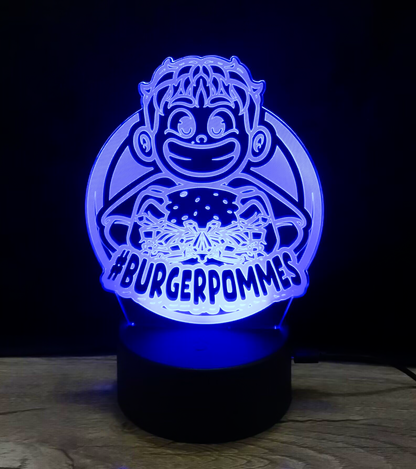 BURGERPOMMES LED-Lampe in leuchtendem Blau mit Cartoon-Motiv – coole Kinderzimmer-Deko für Gaming-Fans und Burgerliebhaber.

