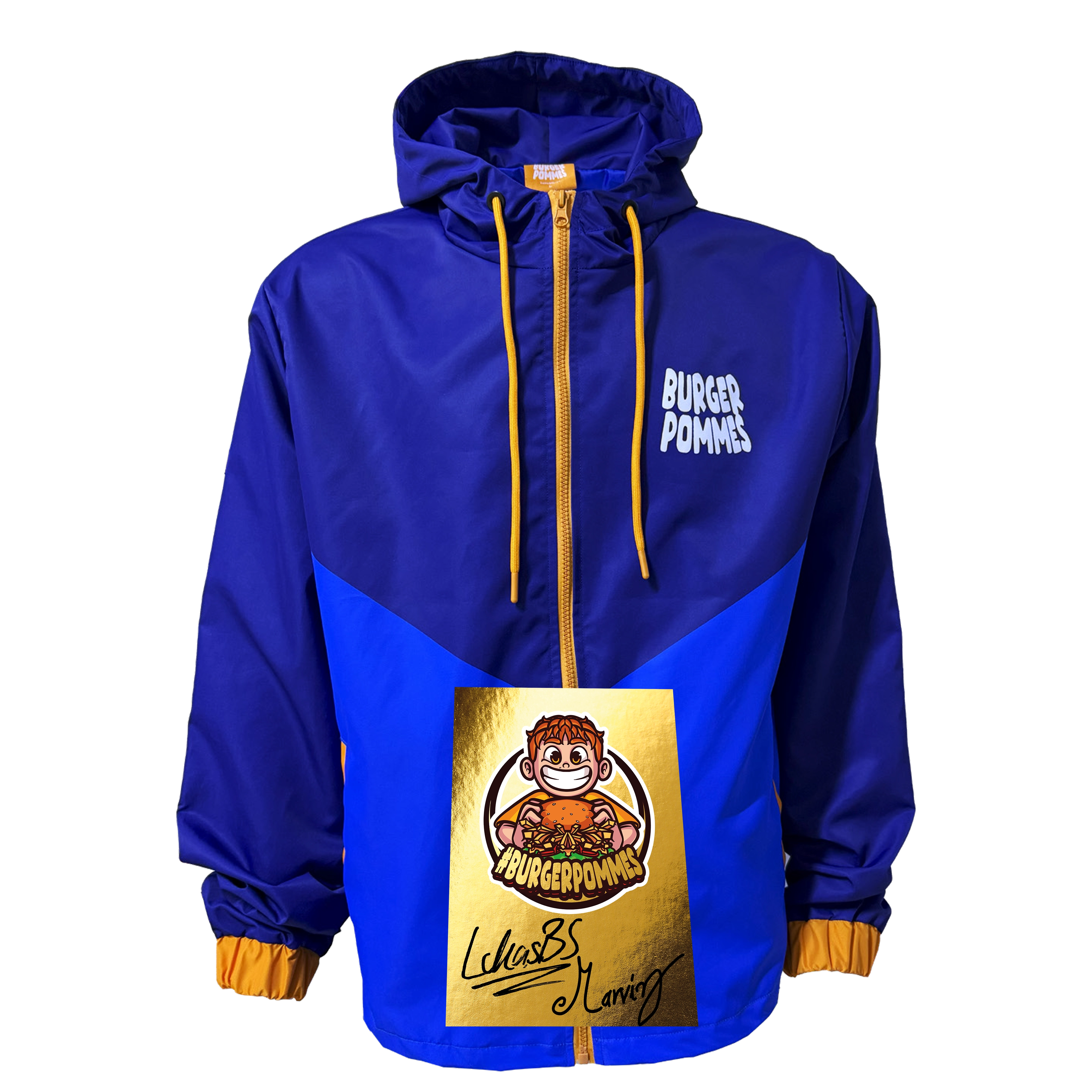 Limitierter Burgerpommes Windbreaker mit Goldticket-Aufdruck und originalen Unterschriften von LukasBS und Marvin auf der Vorderseite.

