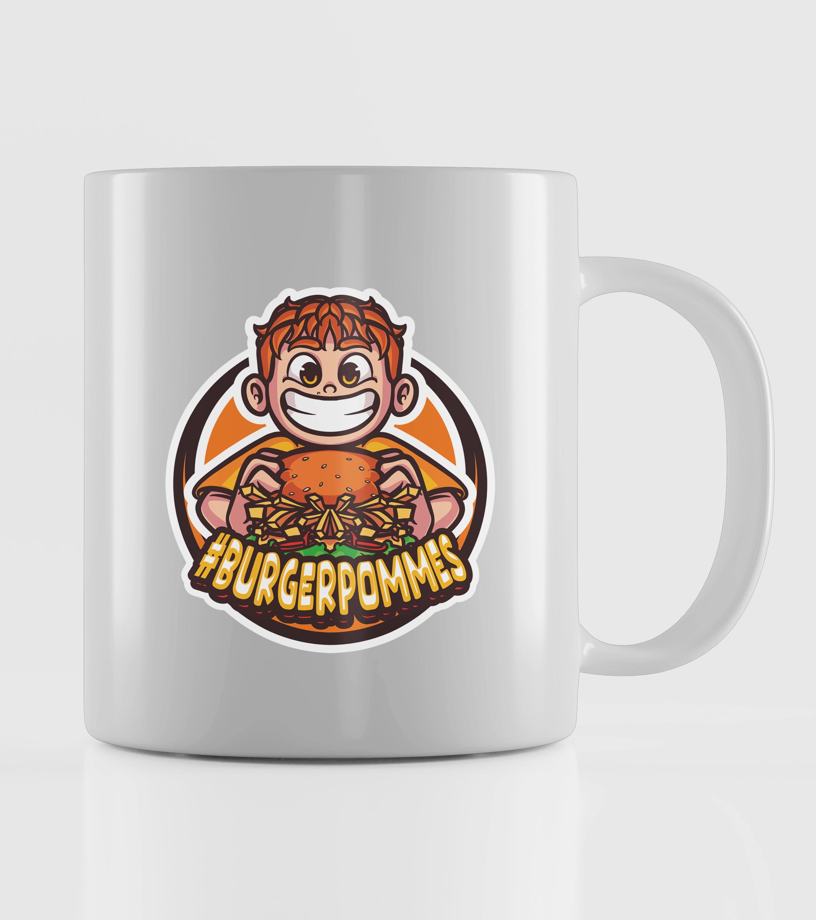 Weiße Tasse mit farbenfrohem #BURGERPOMMES-Motiv: lachender Junge mit Burger und Pommes. Perfekt als Geschenk für Kinder, Jugendliche und Fans der Burgerpommesshow – origineller Creator-Merch für den Alltag.

