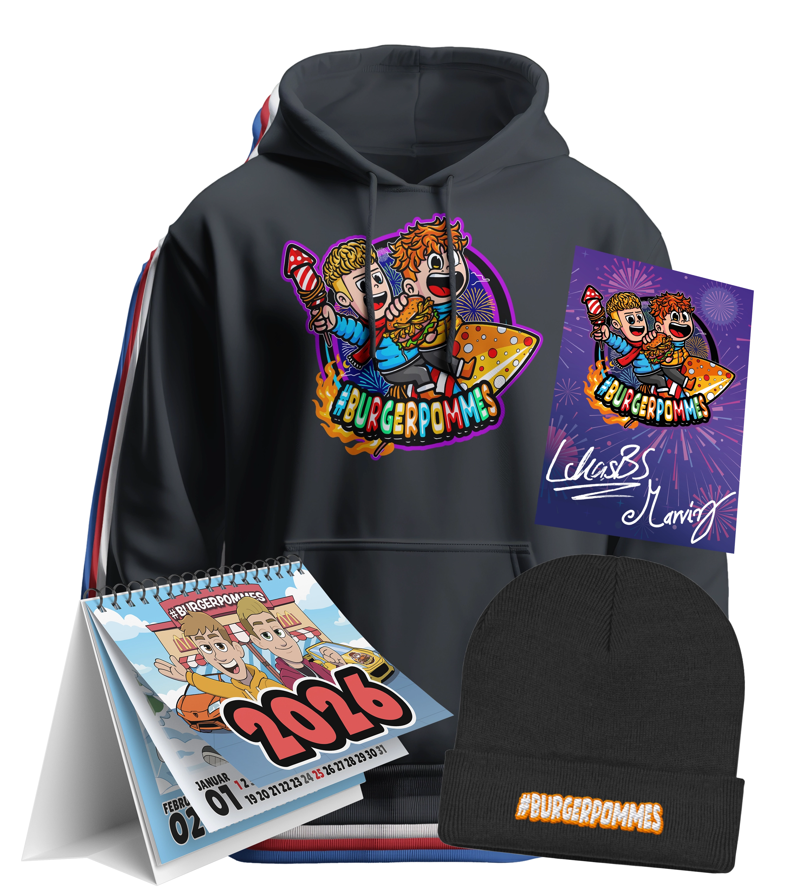 #BURGERPOMMES Silvester Bundle - Hoodie + bestickte Mütze + Tischkalender + Autogrammkarte