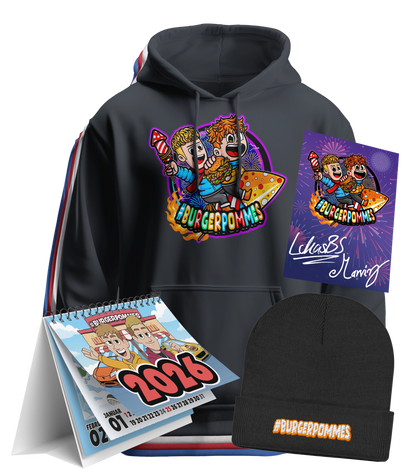 #BURGERPOMMES Silvester Bundle - Hoodie + bestickte Mütze + Tischkalender + Autogrammkarte