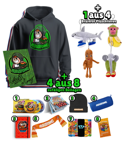 #BURGERPOMMES Hacker Mystery Bundle  - Hoodie + Autogrammkarte + Mystery Brainrot Plushi + 4 Mystery Beilagen