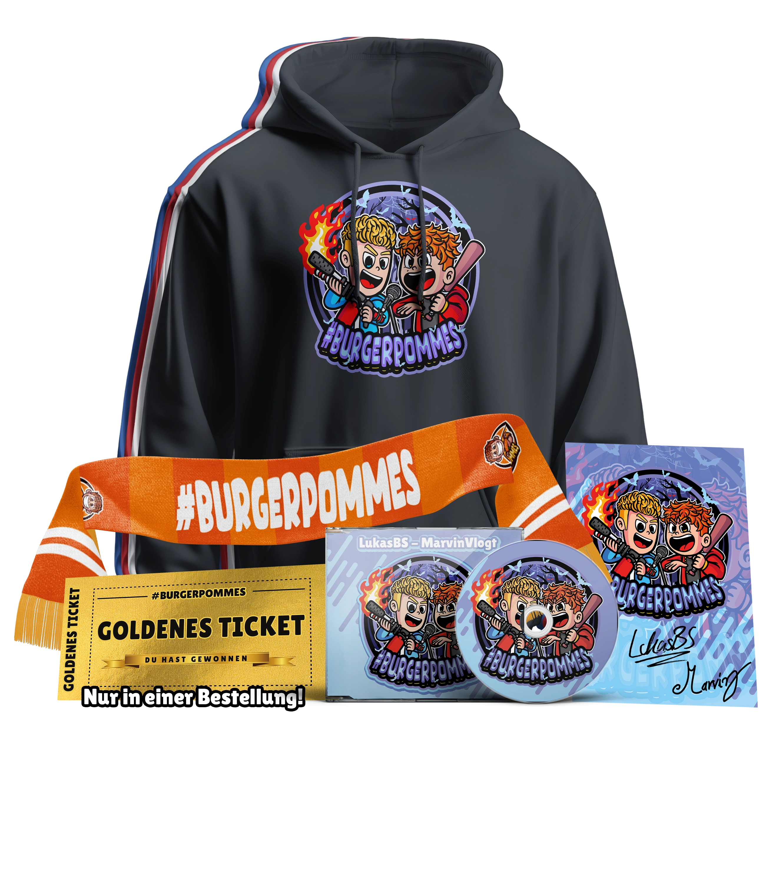 #BURGERPOMMES Disstrack Bundle - Hoodie + Disstrack CD + Schal + Autogrammkarte + Chance auf das goldene Ticket