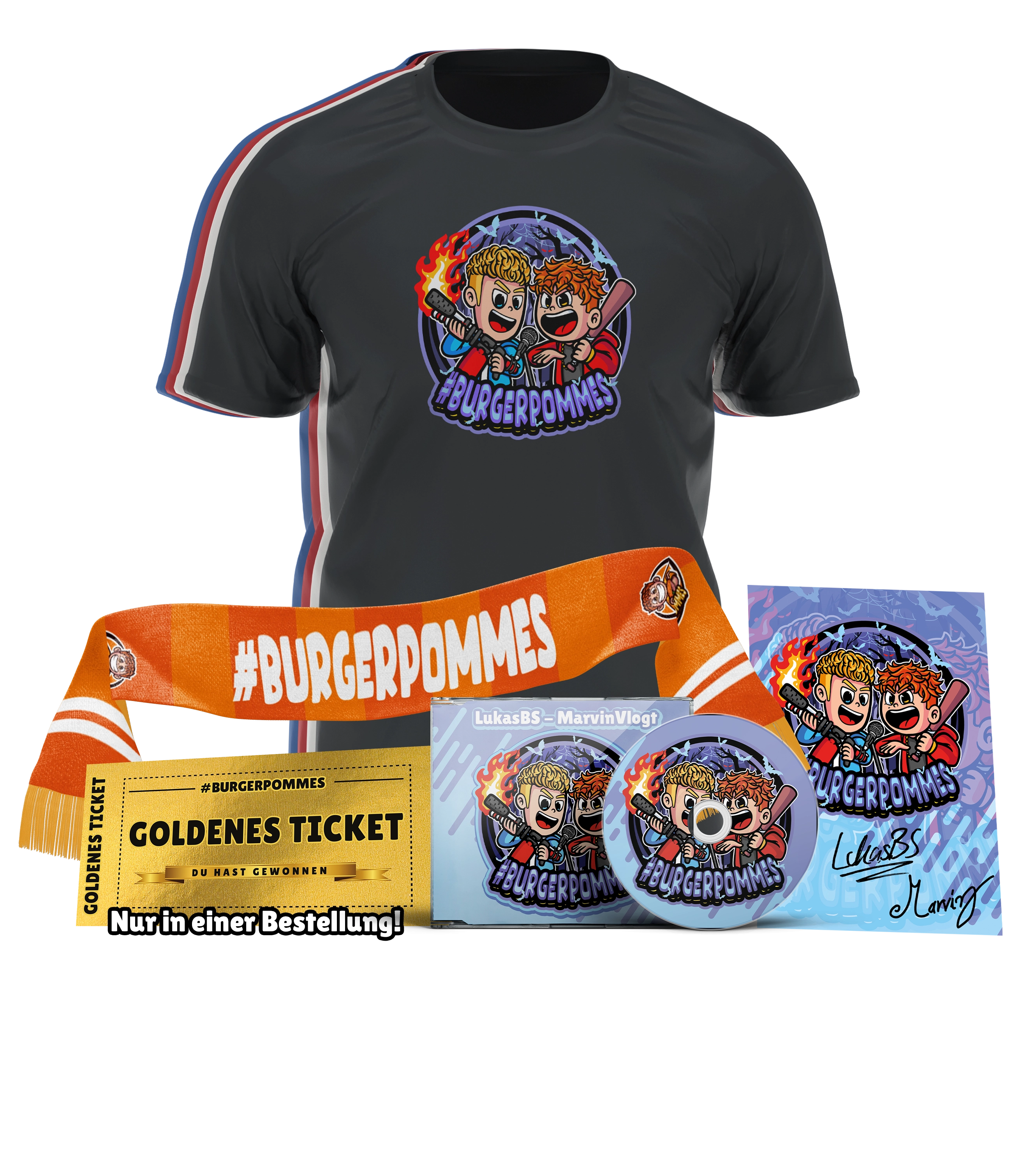 #BURGERPOMMES Disstrack Bundle - T-Shirt + Disstrack CD + Schal + Autogrammkarte + Chance auf das goldene Ticket