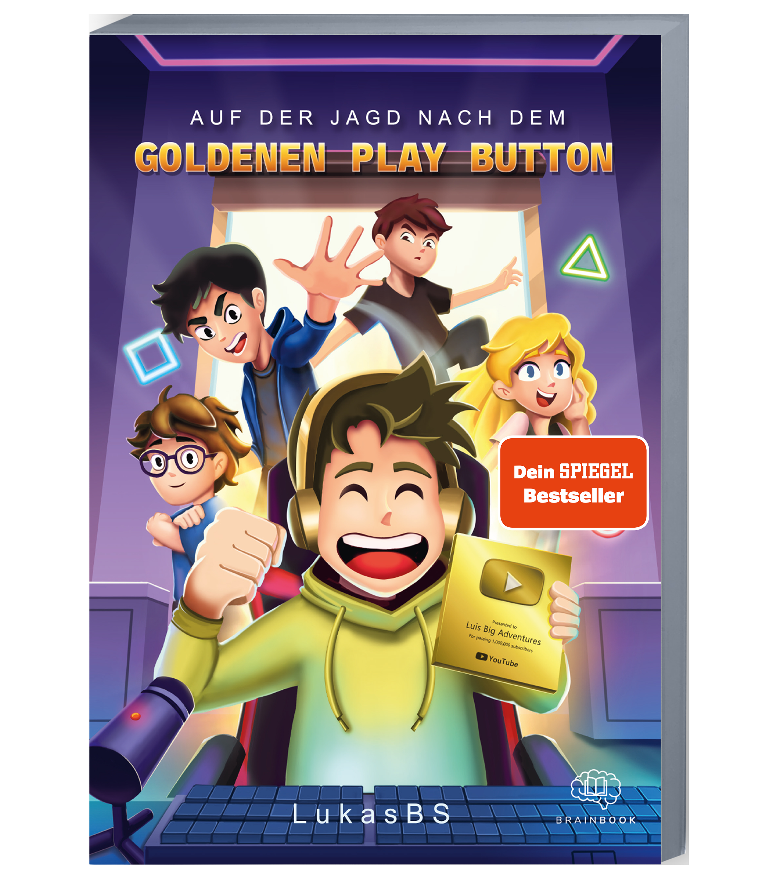 Buchcover von LukasBS – „Auf der Jagd nach dem Goldenen Play Button“, ein SPIEGEL-Bestseller mit YouTube-Abenteuer, ideal für junge Gaming-Fans.

