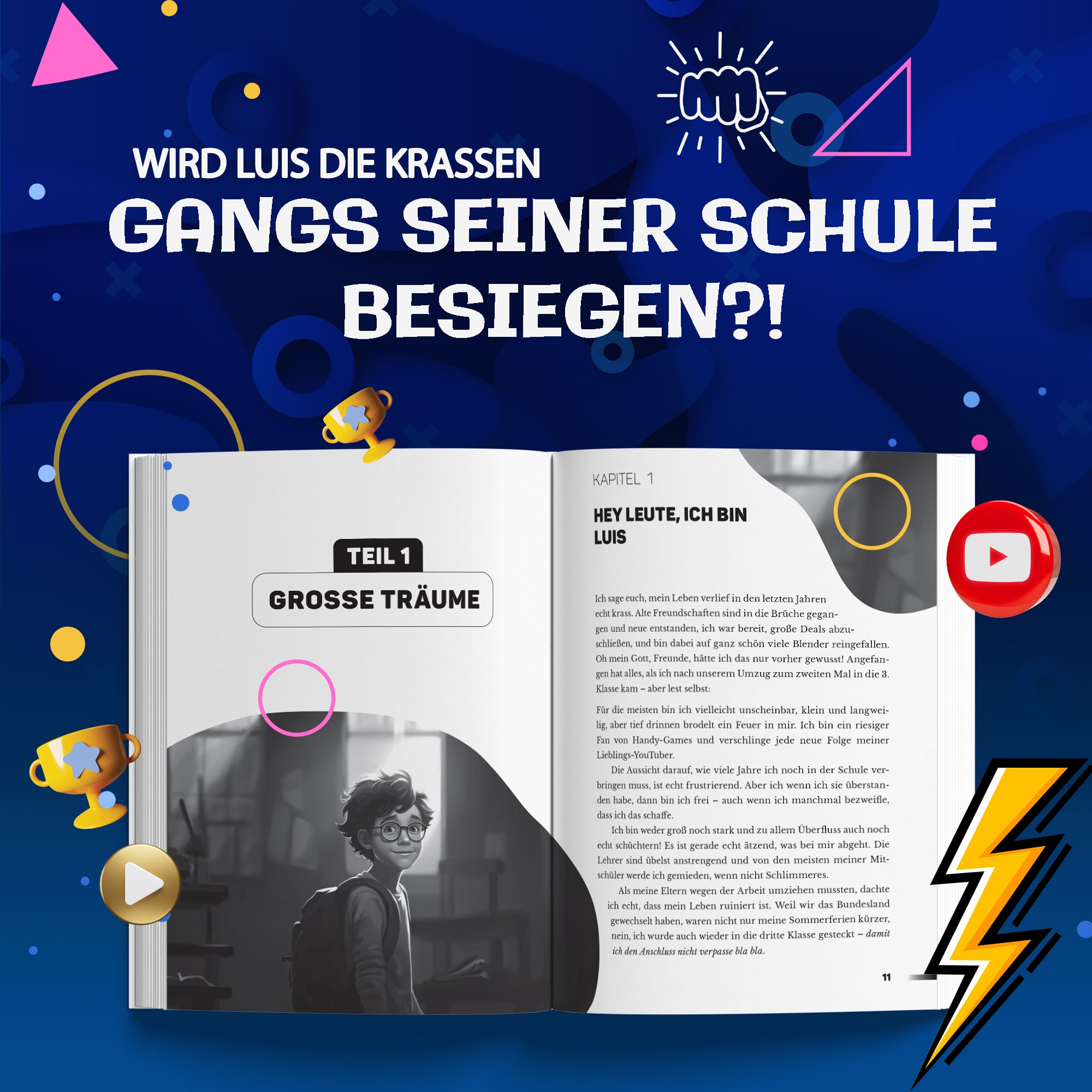 Innenseite des LukasBS-Buchs mit Kapitel „Hey Leute, ich bin Luis“ und dem Titel „Große Träume“, umgeben von farbenfrohen Gaming-Icons und Social-Media-Symbolen.

