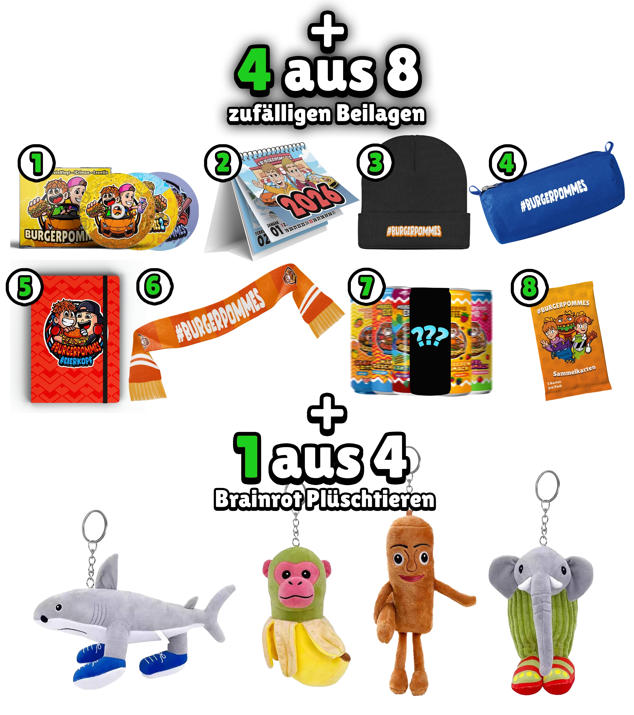 #BURGERPOMMES Hacker Mystery Bundle  - Hoodie + Autogrammkarte + Mystery Brainrot Plushi + 4 Mystery Beilagen
