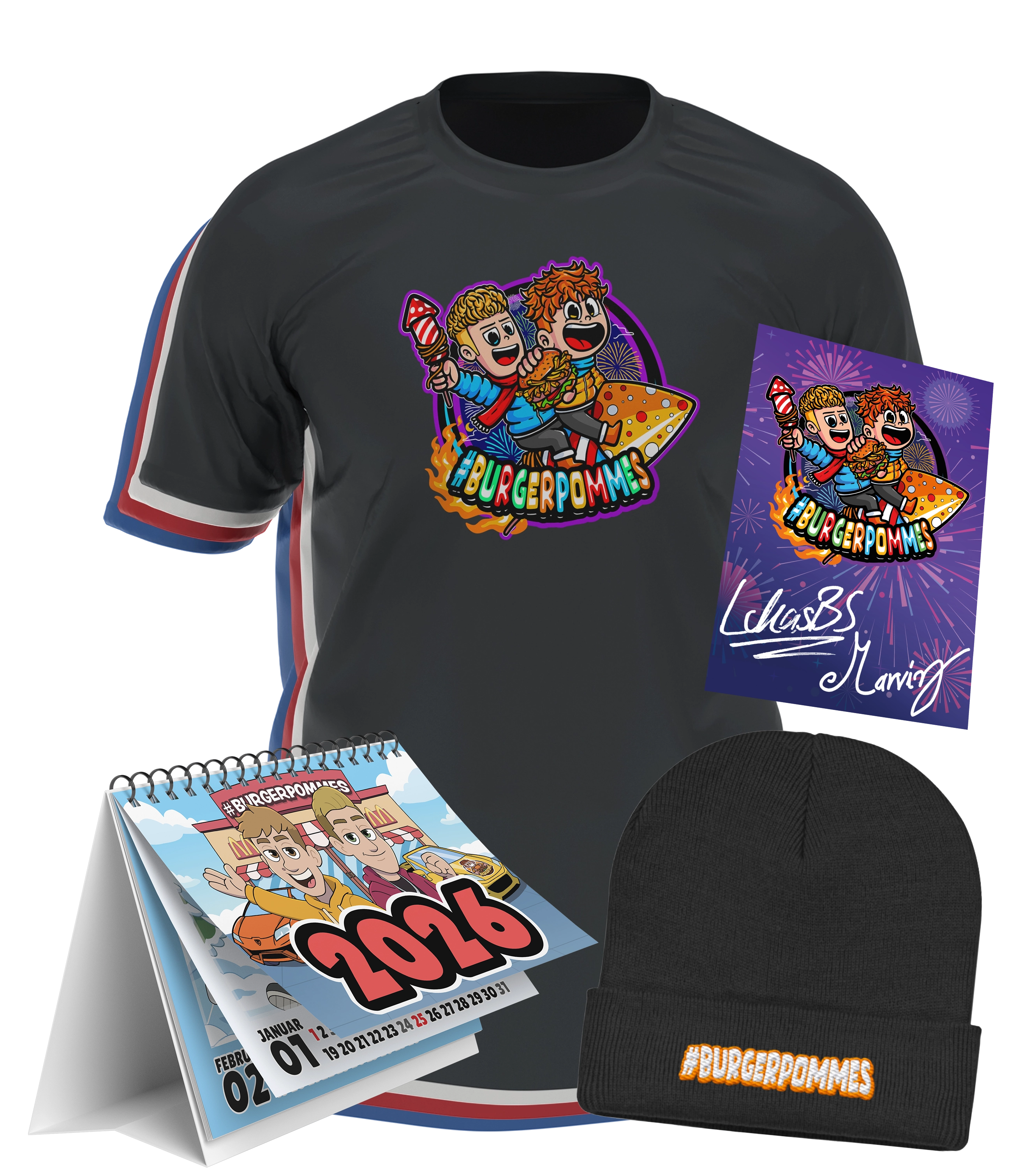 #BURGERPOMMES Silvester Bundle - T-Shirt + bestickte Mütze + Tischkalender + Autogrammkarte