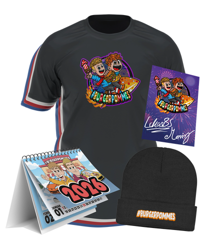 #BURGERPOMMES Silvester Bundle - T-Shirt + bestickte Mütze + Tischkalender + Autogrammkarte