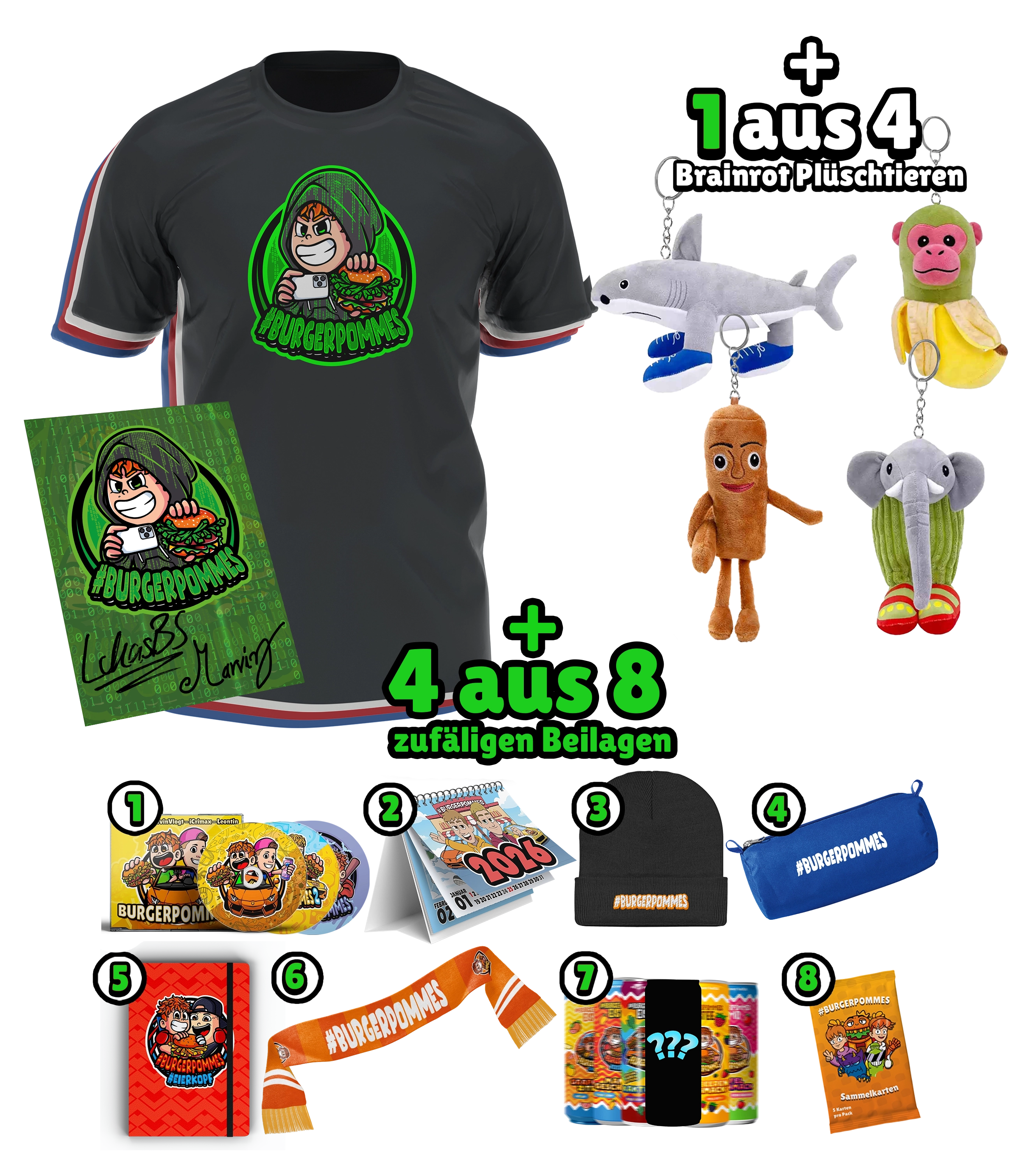#BURGERPOMMES Hacker Mystery Bundle  - T-Shirt + Autogrammkarte + Mystery Brainrot Plushi + 4 Mystery Beilagen