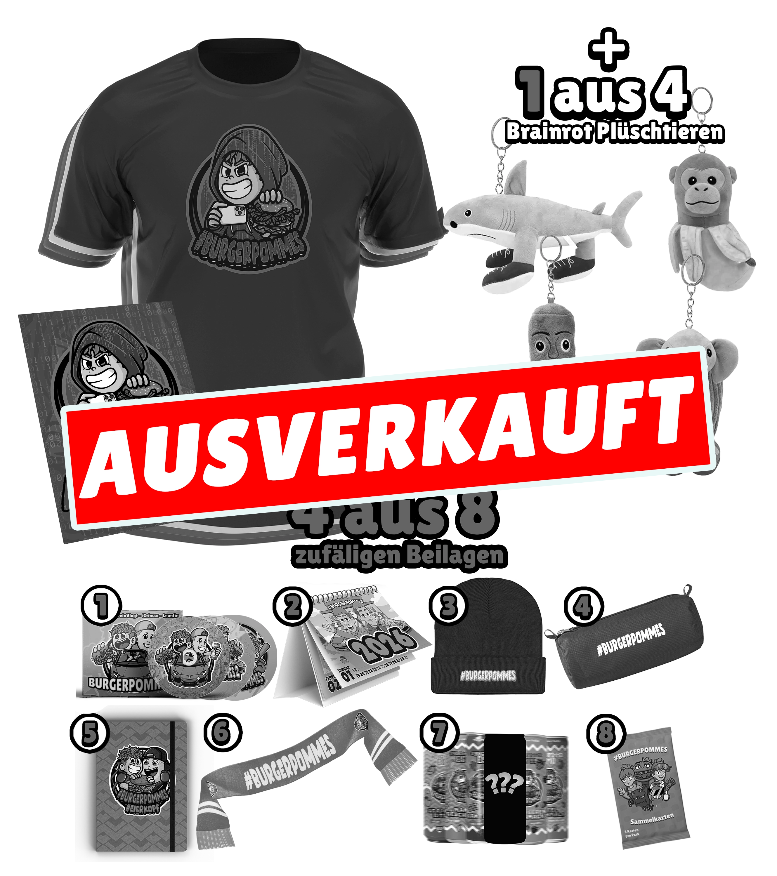 #BURGERPOMMES Hacker Mystery Bundle  - T-Shirt + Autogrammkarte + Mystery Brainrot Plushi + 4 Mystery Beilagen