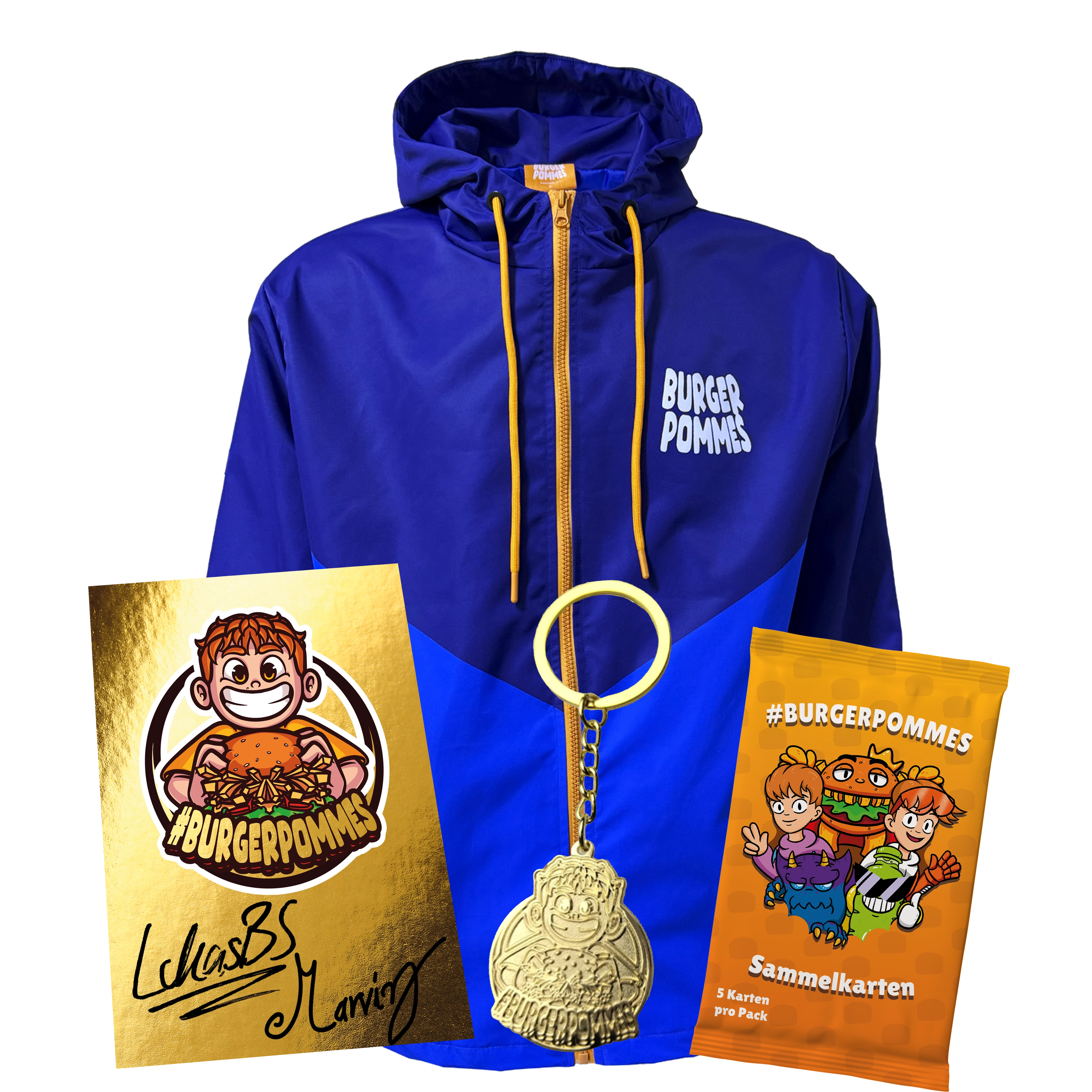 #BURGERPOMMES - Windbreaker Bundle - Gold Schlüsselanhänger + Sammelkarten + goldene Autogrammkarte