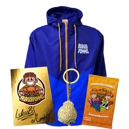 #BURGERPOMMES - Windbreaker Bundle - Gold Schlüsselanhänger + Sammelkarten + goldene Autogrammkarte