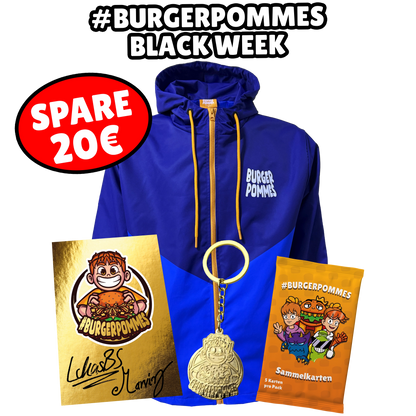 BLACK WEEK #BURGERPOMMES  Windbreaker Bundle - Gold Schlüsselanhänger + Booster Pack + goldene Autogrammkarte